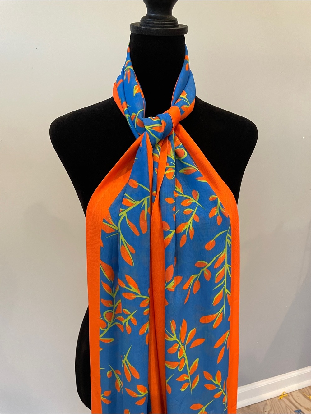 Vibrant Blue & Orange Botanical Silk Scarf like new - long